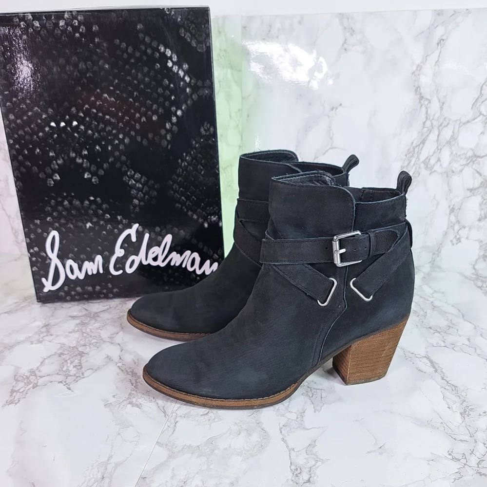 Sam Edelman Merton Black Suede Leather Zip Ankle Booties Size 7.5 - Picture 2 of 13